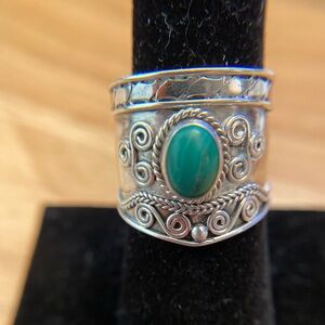 Blue Malachite stone in an intricate wide band 925 Sterling silver Ring